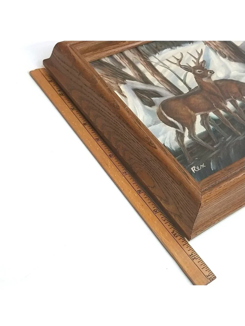 Bevel Framed Winter Forest Oil Painting With Deer Signed By Rex Hunting Lodge